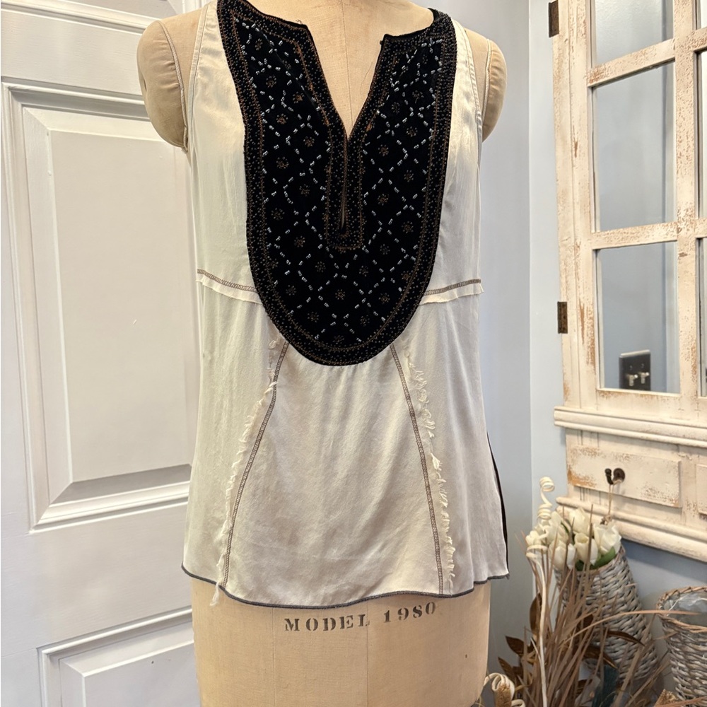 Burning‎ Torch Cream Silk Y2K Camisole w/ Black Beaded Detail Medium Shabby Chic